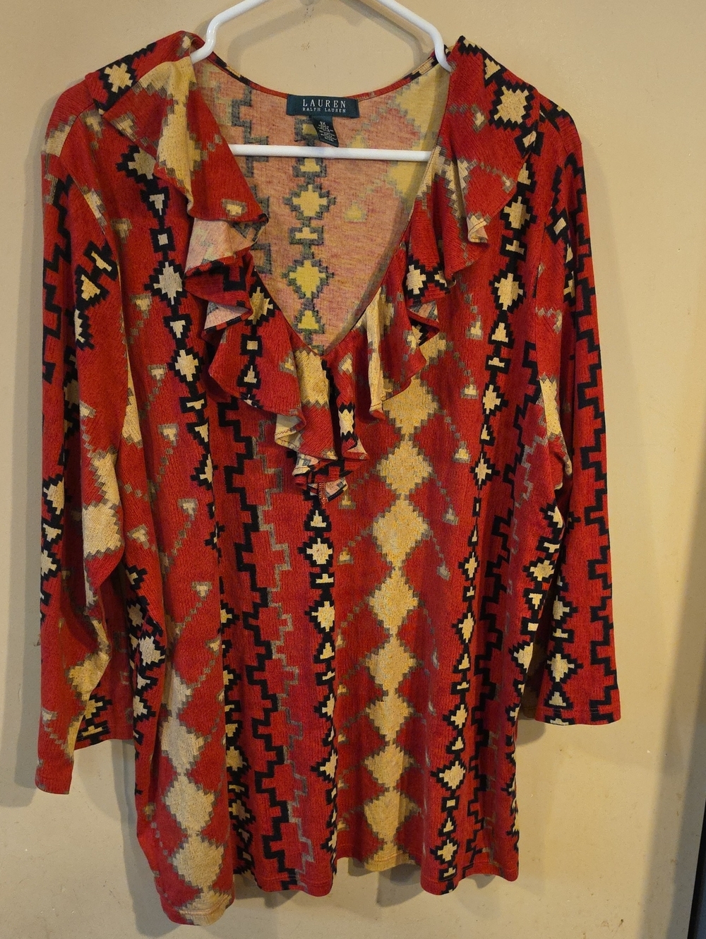 Lauren Ralph Lauren Red Geometric Ruffle V-Neck Tunic